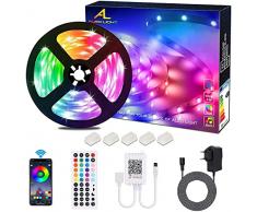 Striscia LED 5M Bluetooth, ALED LIGHT Strisce Luci Led RGB 5050 SMD con DC 12V Alimentatore e 44 Tasti Telecomando e Ricevitore, Nastro LED Decorazione per Natale Feste Casa Matrimonio