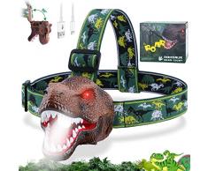 Nitigo Lampada frontale per bambini, Dinosaur T-Rex Torcia Frontale a LED con batteria, 90° 4 modalità di illuminazione Luce da Testa ricaricabile USB con suono ruggente campeggio corsa escursionismo