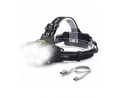 Victoper Torcia Frontale Lampada LED Ricaricabile Luce Super Luminosa 6000 Lumens 5 LED USB Ricaricabile Regolabile 90° Impermeabile IPX4