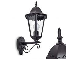 Hong Kong, lampada da parete per esterni in stile antico, in alluminio pressofuso, nero opaco, con vetro trasparente, lampada da parete con attacco E27, lampada da esterno retrò/vintage per terrazza e cortile, senza lampadina