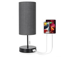 Aigostar Lampada da Comodino con 2 Porte di Ricarica USB, Lampada da Tavolo E27 con Interruttore a Tirare, Base in Metallo, Lampada da Scrivania per Soggiorno, Camera da letto, Ufficio - Grigio
