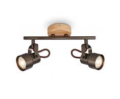 Briloner - Plafoniera LED retrò con legno, plafoniera a 2 luci vintage, temperatura di colore bianco caldo, spot LED regolabile, spot rustico a soffitto, grigio-legno