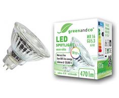 Spot a LED greenandco® IRC 97+ 2700K 36° GU5.3 MR16 6W (equivalente spot alogeni 45W) 470lm (bianco caldo) SMD LED 12V AC/DC vetro, non dimmerabile