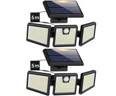 Luce Solare Led Esterno [3 Teste Regolabili/341 LED/3500LM] Lampada Solare da Esterno con Sensore di Movimento, IP65 Impermeabile 270° Illuminazione Faretti Solari a Led da Esterno per Garage -2 Pezzi