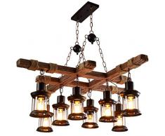 Lampadario in Legno Retro 8 Lampadina Ristorante Illuminazione Sospensione Corda Di Canapa Luci Goccia in Metallo Portalampade E27 Lanterna Lampada A Sospensione Retrò Internet Cafe Luce