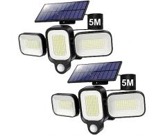 Luce Solare LED Esterno, 225 LED 3 Modalità Luci Solari da Esterno con Sensore di Movimento, 2500LM 3 Teste Regolabile, IP65 Impermeabile Luci Solare Giardino con Pannello Solare Indipendente -2 Pezzi