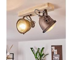 Lampada da soffitto Herford regolabile in metallo/legno/vetro in nero/marrone/naturale, 2 lampadine GU10, max. 50 Watt, faretto girevole e orientabile, design retrò, adatto a LED