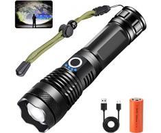 Torcia LED Potente 90000 Lumen, Professionale Ricaricabile Tattica Militare Torce XHP70.2, Elettrica Torcia IP65 Impermeabile 5 Modalità Alta Potenza Campeggio Torcia Zoomabile con 26650 Batteria