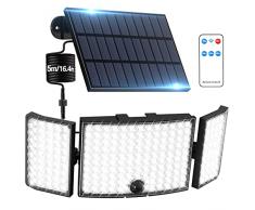 Claoner 234 LED Luce Solare Led Esterno con 3 Pannelli Luminosi, 270°+ Super Luminosa Luci Solari con Sensore di Movimento 3 Modalità Lampade Solari P65 Impermeabile con Cavo da 5m, Telecomando