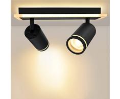 URing faretti led soffitto Orientabili, Plafoniera faretti da soffitto 2 Luci con luce di fondo 7W+ 2x 5W GU10 1700LM, 3000K bianco caldo Faretti da Parete Interno per Cucina, Soggiorno, opaco Nero