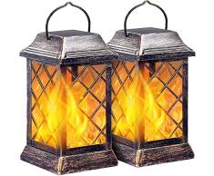 SOLARBABY Lampade Solari da Giardino, Lanterna Sospesa in Metallo Fiamma Luci Solari per Esterni per Giardino Patio Cortile Decorazione Esterna (Bronzo, Set di 2)