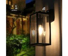 BRIMMEL Lampada da Parete con Sensore per Esterno dal Crepuscolo allAlba, Applique da parete antiruggine con paralume in vetro trasparente, Alluminio Nero