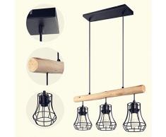 Lampadario a Sospensione Vintage,Lampada a Sospensione Legno Industriale,Moderno Regolabile Lampadario per Sala da Pranzo, Soggiorno . 3 Luci E27 40W Illuminazione Metallo