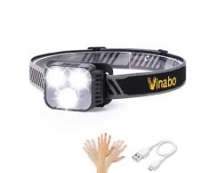 Vinabo Torcia Frontale LED con Sensore, Lampada Frontale Ricaricabile, Torcia Testa 6 Modalità di Illuminazione, Impermeabile Regolabile e Leggera per Pesca, Escursionismo, Ciclismo, Corsa, Campeggio