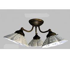 Plafoniera in ottone brunito con ceramiche traforate a 3 luci