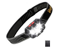 Vinabo Lampada Frontale LED, 500 Lumen Torcia Frontale con Funzione di Memoria, 6 Modalità di Illuminazione, Angolo di 30° Regolabile, Lampada da Testa LED per Campeggio, Corsa (3 Batterie Incluse)