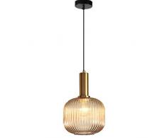 S-Cevada Lampadario a Sospensione con Paralume in Vetro Rigato, Lampada da Soffitto Moderna Retrò in Finitura Ottone, Illuminazione per Camera da letto Cucina Salon (20cm, Ambra)