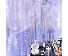 Vicloon Tenda Luci LED, 2 IN 1 LED Tenda Luminosa con USB e Alimentato a Batteria, 3X3M 300 LED Natale Tenda Luci, Tenda Luminosa Natale con 8 Modalità per Camera da Letto, Giardino, Bianco Freddo