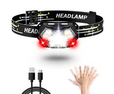 Lsnisni Torcia da Testa 9 Led 1 Pezzi, 2000 Lumens Lampada Frontale USB C Ricaricabile, 6 Modalità Luce Bianca e Rossa, Con Sensore di Movimento, IP×5 Impermeabile, per Campeggio, Corsa, Pesca