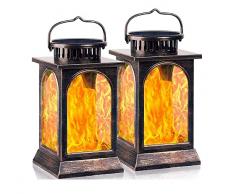 Lanterna Solare, Amzxart Luci Solari Esterno Giardino Fiamma Tremolante Lanterna Sospesa in Metallo per Giardino Portico Veranda Prato Decorazione Esterna (Set di 2, Oro) [Classe A+++]