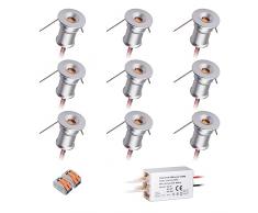 HHTUN Mini Faretto,Piccola Luce a led 12V 1W,IP65 Faretti led Soffitto Incasso per Interno,Esterno,Armadio, Cucina,Scale,Doccia,Cielo Stellato Soffitto luci Lampada 9PZ (Bianco Caldo 3000K, 120°)