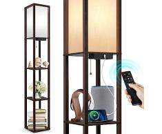 OUTON Lampada da Terra con Scaffale, Lampada da Terra Salotto Dimmerabile con Telecomando, Lampada a Stelo 160cm, 2 Porte di Ricarica USB, Piantana da Terra per Soggiorno, Camera Da Letto, Marrone