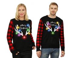 Kouric Unisex Maglione Natalizio Brutto LED, Maglioni Natalizi Famiglia Invernale Eleganti Maglioncino Natalizio Divertente Girocollo Maniche Lunghe Plaid Nero Renna Natale per Donna/Uomo/Coppia S