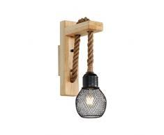 Applique da Parete in Legno Vintage,Rustico Lampada da Parete in corda di Canapa Applique da Parete con Paralume in Metallo Nero, Applique per Camera da letto Corridoio Bar Caffe (Senza Lampadine)