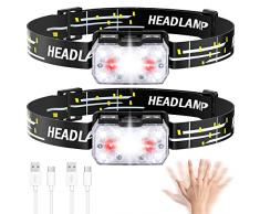 Lsnisni Torcia Frontale Led 2000 Lumens(2 Pezzi), Lampada da Testa USB C Ricaricabile Con Sensore di Movimento, 6 Modalità Luce Bianca e Rossa, IP×5 Impermeabile, Ganci per Campeggio, Corsa, Pesca