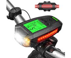 Luci Bicicletta LED Ricaricabili USB, IPX4 Impermeabile Ricaricabili Luci Bicicletta LED con Clacson e Luce di Emergenza, Integrato Contachilometri Bici con LCD Schermo