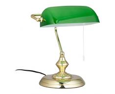 Relaxdays, Verde, Lampada da Scrivania con Interruttore a Catena, Base Rotonda, Vintage, Vetro HLP 31x22,5x18,5cm, ottone