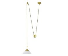 Lampadario alogeno Dallas con contrappeso in metallo dorato e ottone lucido, vetro opale opaco