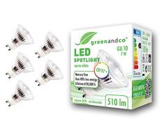 5x Spot a LED greenandco® IRC 97+ 2700K 36° GU10 7W (equivalente spot alogeni 60W) 510lm (bianco caldo) SMD LED 230V AC vetro, nessun sfarfallio, non dimmerabile