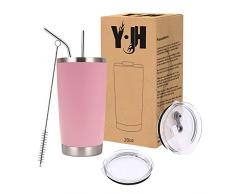 Y·JH 20oz (550ml) Bicchiere da viaggio Tazza da caffè a doppia parete isolata sottovuoto Tazza da caffè in acciaio inossidabile con 2 coperchi antispruzzo, 2 cannucce, senza BPA - Rosa