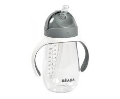 BÉABA, Biberon/Tazza di apprendimento 2 in 1, Tazza con cannuccia per bambini, 100% a tenuta, Salvagoccia, Facile da aprire, Manici removibili, Tritan e Silicone, 300 ml, Grigio Minerale