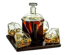 Il Vino Savant Diamond Whiskey Decanter, Great Gift. 750 ml con 4 Diamante Occhiali e Bella in Legno di Mogano del liquore, Scotch, Rum, Bourbon, Vodka, Tequila Decanter, Regali per Il papà