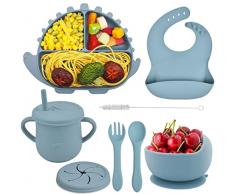 Domueay Set Pappa Svezzamento, 8 Pezzi Set Pappa Bimbo in Silicone con Dinosauri Piatto e Bambino Ciotola, Cucchiaio e Forchetta per lo Svezzamento, Tazza e Bavaglino per Neonati e Bambini(Blu)