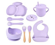 SONARIN Coniglio Set Pappa Svezzamento Bambini,8 Pezzi Silicone Set Pappa Bambini con Ventosa Piatto Ciotola Tazze Cucchiaio Forchetta Bavaglino Set Svezzamento senza BPA per Neonati(Viola)