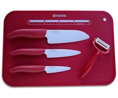 Kyocera Set di 3 coltelli in ceramica, manico rosso + pelapatate in ceramica + base da taglio, colore rosso