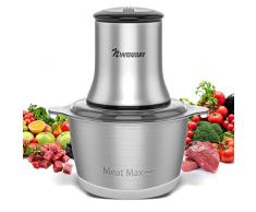 Tritacarne Elettrico In Acciaio Inox 600W 2L Rimovibile 2 Livelli di Velocità Protezione dal Surriscaldamento con 4 Lame Ciotola e Pad in Plastica per Carne Verdura e Frutta