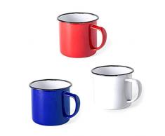 FUN FAN LINE - Mug Colazione Retro o Vintage in Metallo smaltato. Tazza Old School con Bordo Nero (6 Tazze, Mix Colori) (Blu, Bianco, Rosso, 2 Tazze di Ogni Colore)