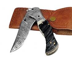 Coltello Artigianale in Acciaio Vero Damasco Manico Montone Coltello Pieghevole Coltello da Collezione Coltello Tascabile Damasco Coltello Damasco Caccia con Fodero