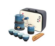 fanquare Set da Tè Giapponese in Porcellana, Servizio da Tè Kungfu con Scalda Teiera da Viaggio, Set di Teiere Cinesi Blu con 4 Tazze in Ceramica, Scaldino