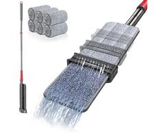 MASTERTOP Mocio Lavapavimenti in Microfibra con Strizzatore Integrato, Mop Piatto Autostrizzante a Mani Libere con Testa Girevole a 360°, Mocio da Stoccaggio in Piedi per Pulizia Pavimenti (Grigio)