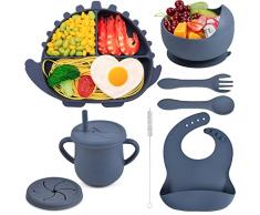 Delven Set Pappa Svezzamento Silicone con Ventosa Piatto Ciotola Bavaglino Cucchiaio Forchetta Tazza per Neonato Bambini Set Pappa Viaggio Kit,8 Pezzi Senza BPA Set Pappa Antiscivolo,Blu Dinosauro