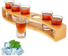 Set di bicchieri da liquore da 3 cl con supporto e bicchierini da liquore, 1oz/30 ml, organizer per bevande, 6 fori con vetro trasparente, 6 pezzi, per liquori, tequila Whisky Brandy Wodka Rum Home