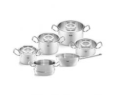 Fissler Original,Profi Collection Set di pentole in acciaio inox, 6 pezzi, pentole con coperchio in vetro 3 pentole, 1 padella, 1 padella senza coperchio, 1 inserto per cottura a vapore , induzione