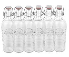 Bormioli Set di 6 bottiglie in vetro Officina 1825 - rigata, 1,2 litri, con chiusura a staffa e motivo ornamentale in rilievo
