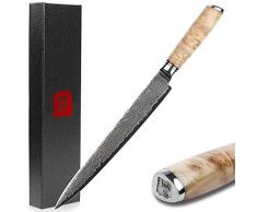Sunlong Coltello da Sashimi Filetto di Pesce da 10 Pollici - Coltello da Sushi Giapponese in Legno di radica VG10 - Fodero in Noce con Borsa per Coltello in Flanella