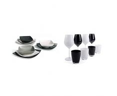 Excelsa Eclipse Servizio Piatti Quadrati 18 Pezzi, Ceramica, Bianco, Nero e Grigio & Color Wine Set Calici e Bicchieri, Vetro, Bianco e Nero, 8 Unità